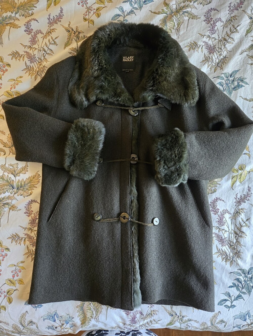 Hilary Radley Dark Green Wool Pea Coat with Rabbit Fur Trim